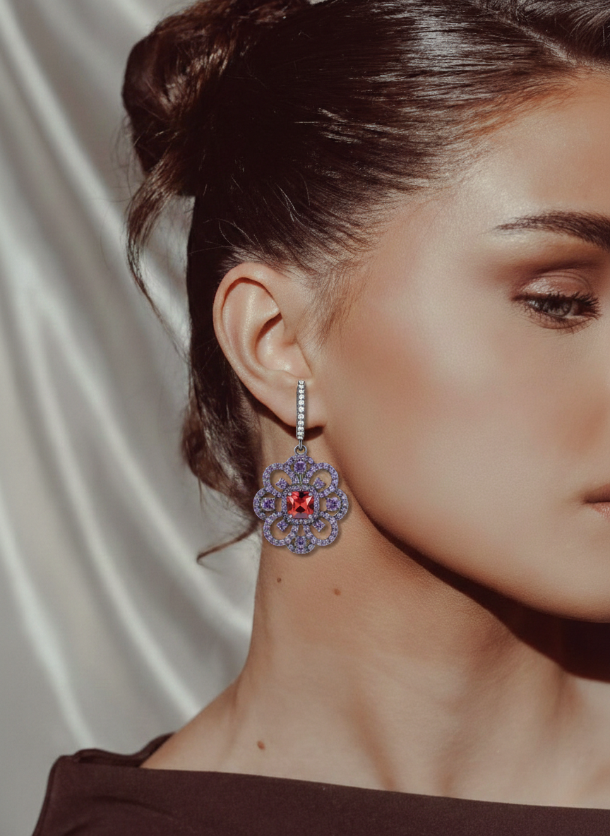 royal amethyst & ruby floral drop earrings