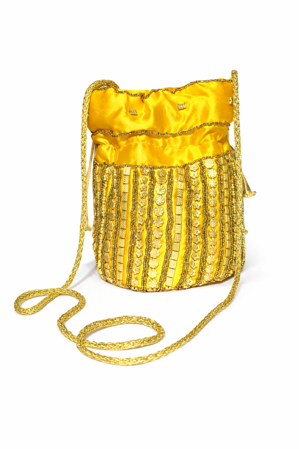 yellow embroidered potli bag