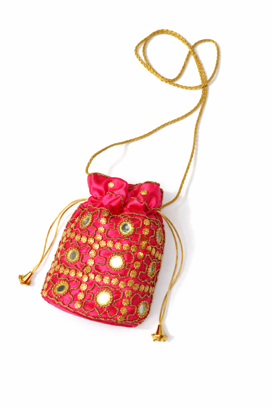 pink embroidered potli bag