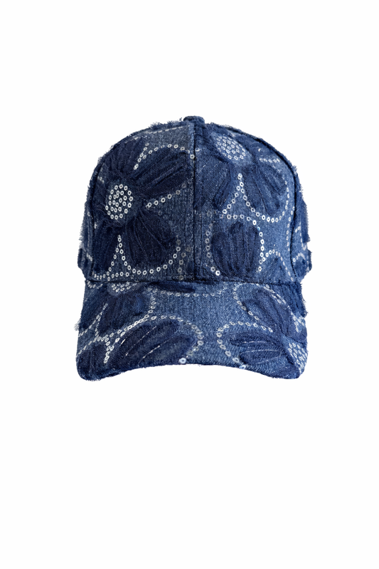 floral seqin denim cap - dark blue