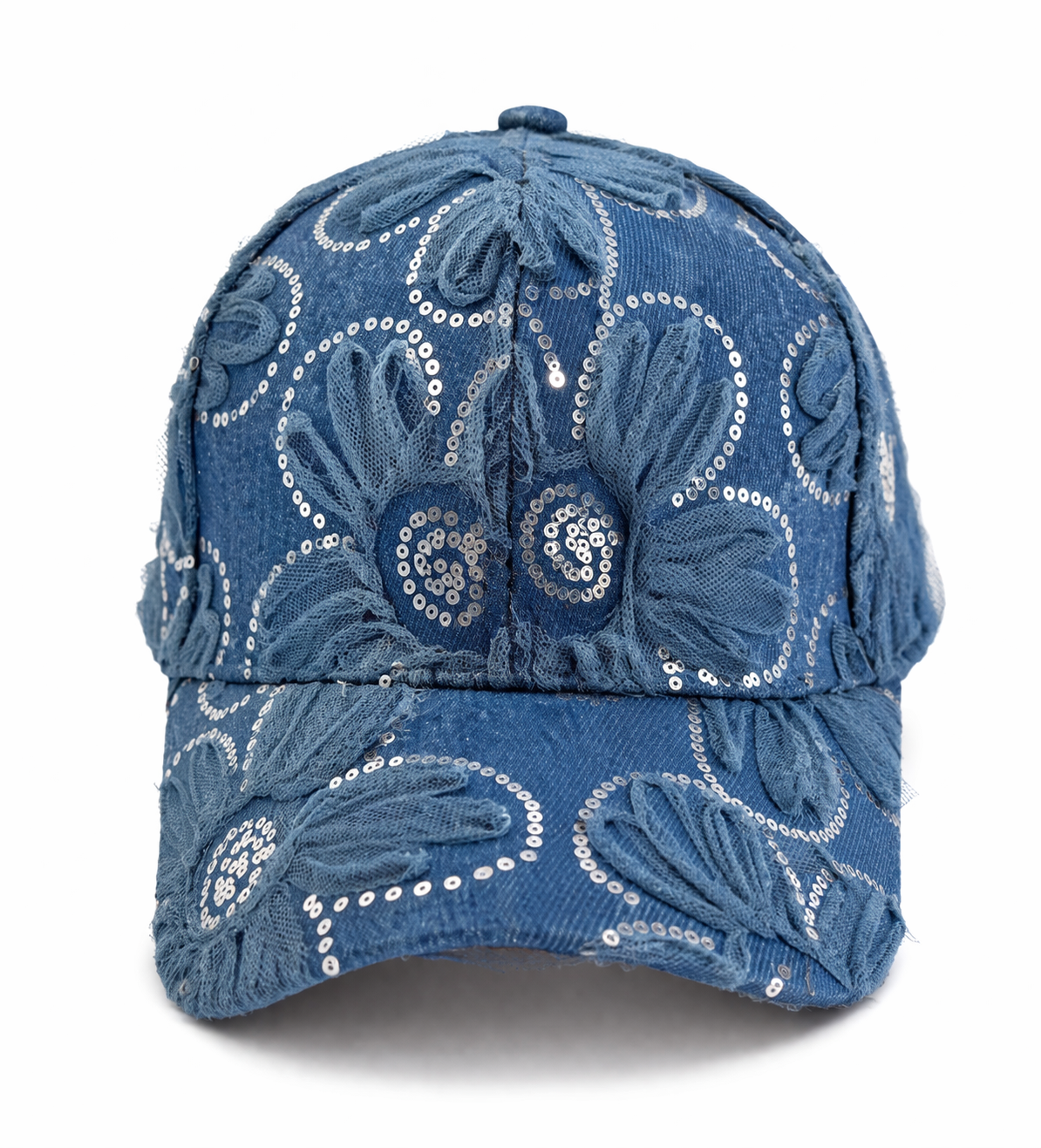 floral seqin denim cap - blue