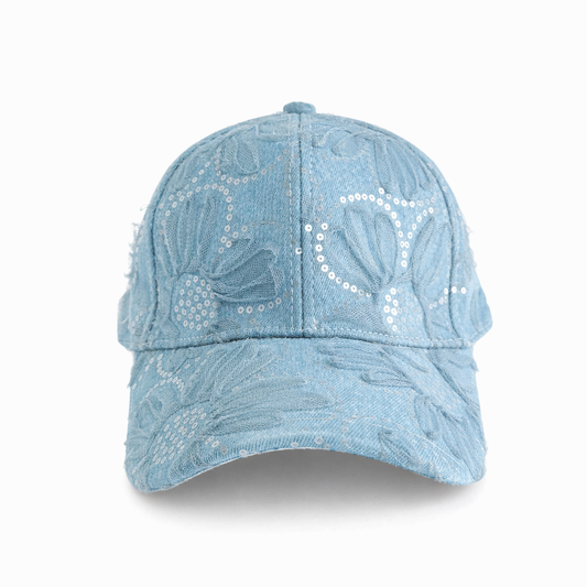 floral seqin denim cap - sky blue