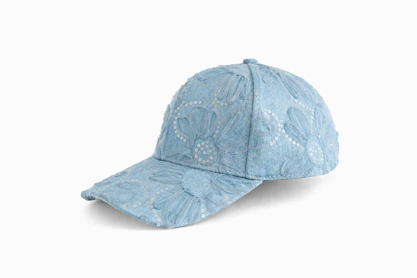 floral seqin denim cap - sky blue