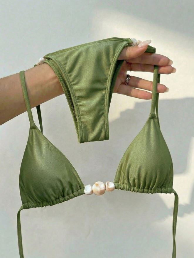 olive beaded stone bikini set