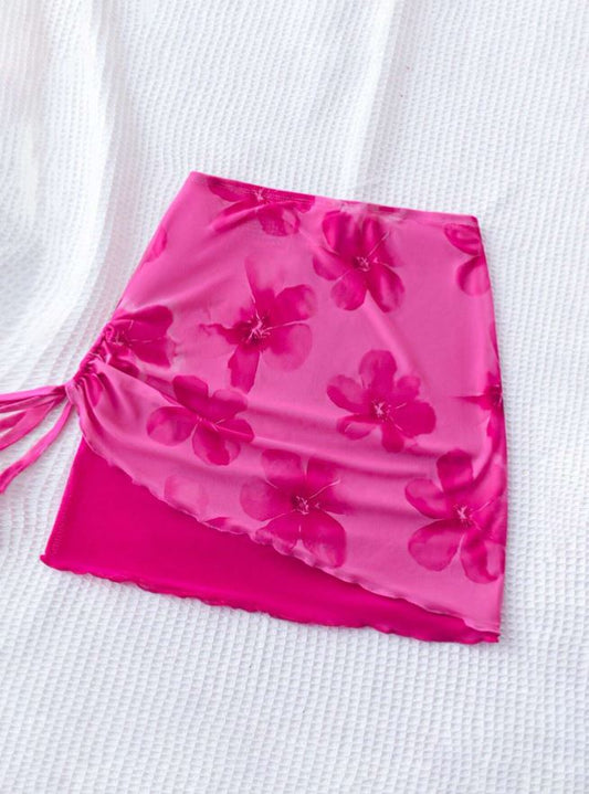 floral mesh ruched mini skirt