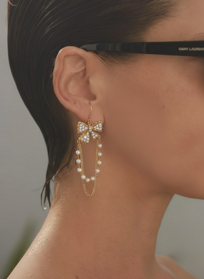 golden coquette bow & pearl drop earrings