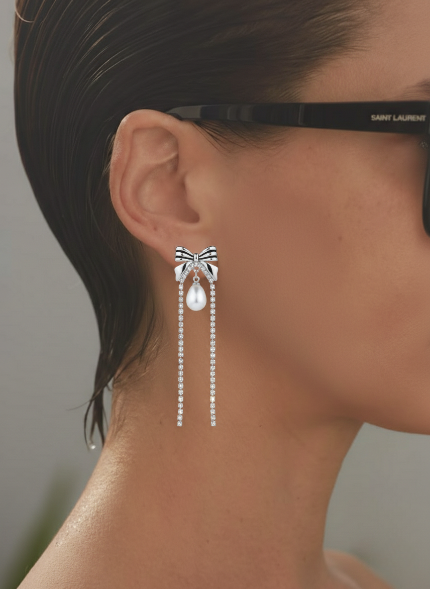 silver pearl drop bow earrings