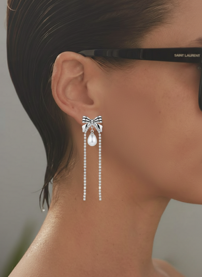 silver pearl drop bow earrings