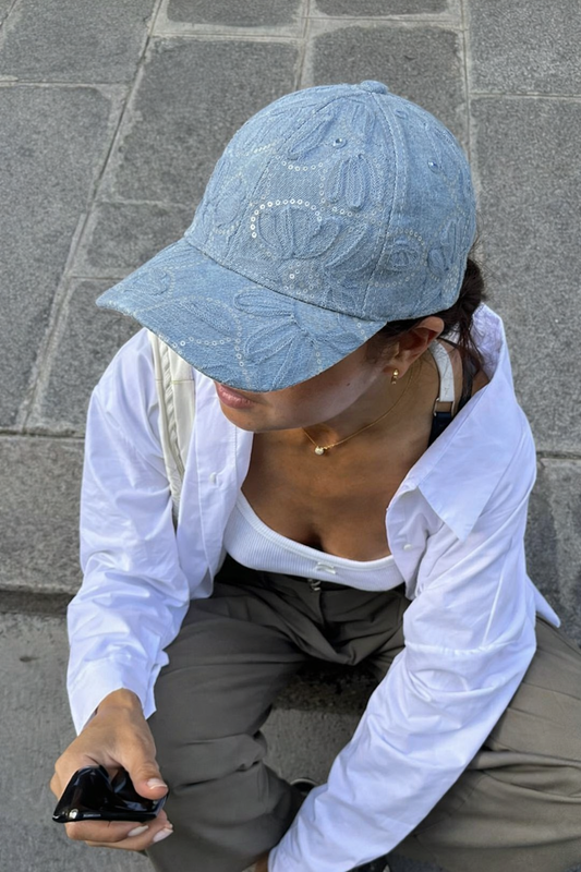 floral seqin denim cap - sky blue