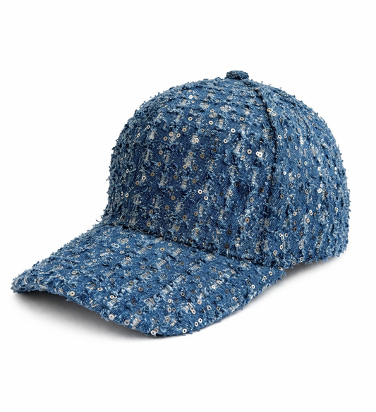shimmering shredded denim cap - blue