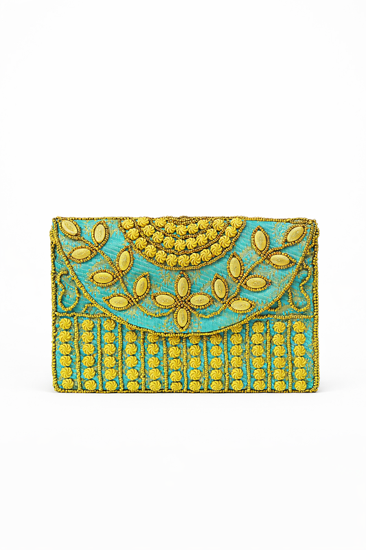 turquoise embroidered indian mini clutch