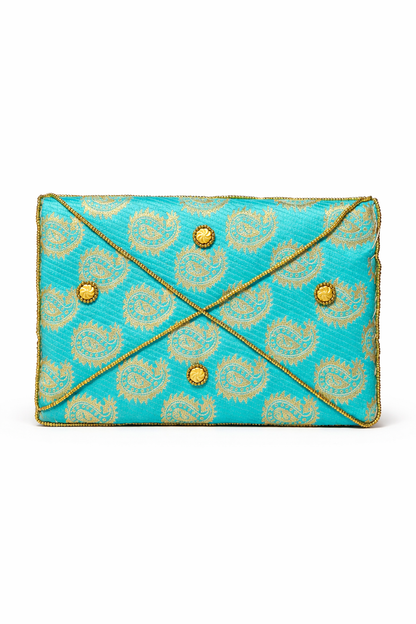 turquoise embroidered indian mini clutch