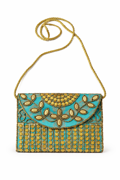 turquoise embroidered indian mini clutch