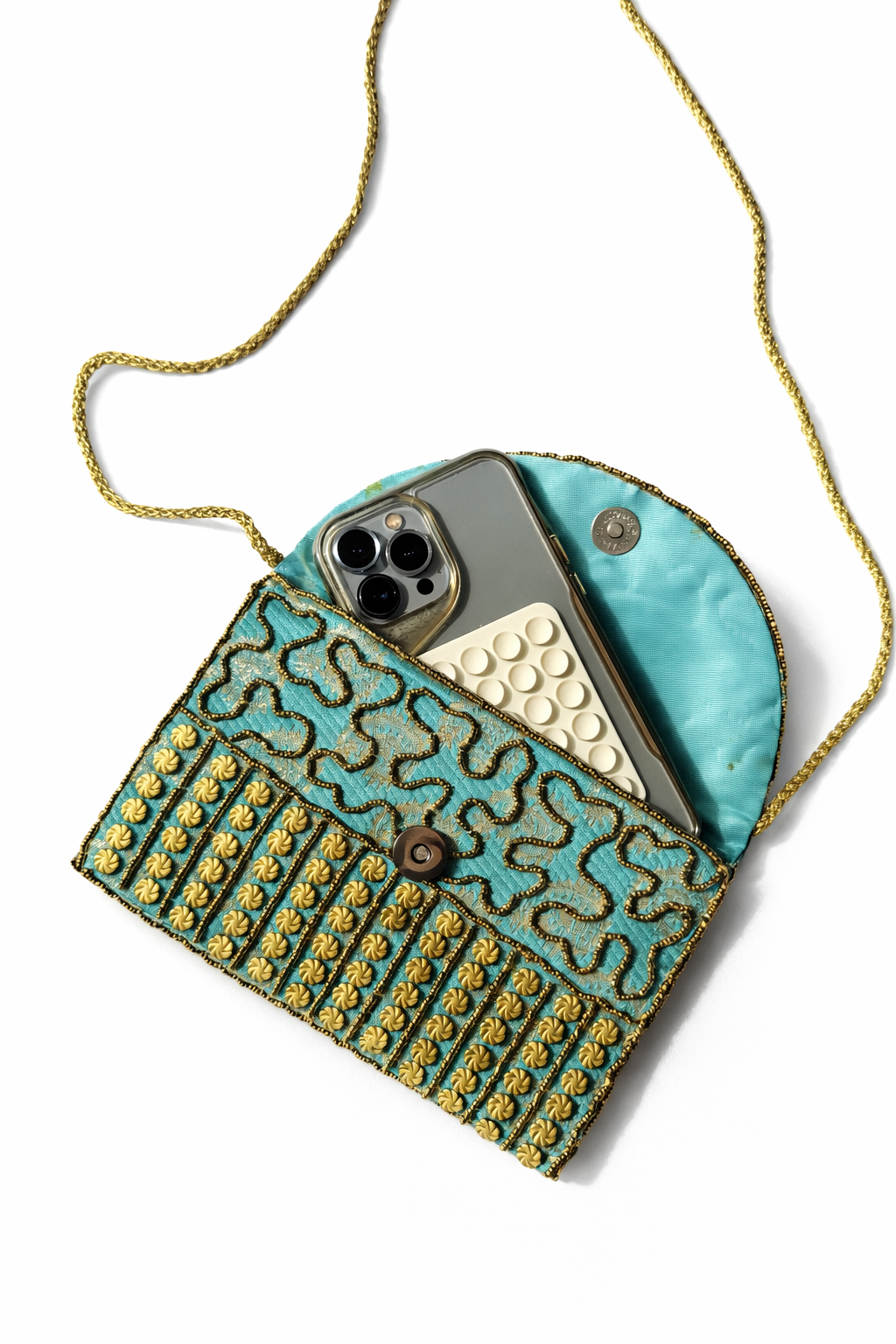 turquoise embroidered indian mini clutch