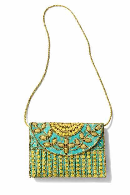 turquoise embroidered indian mini clutch