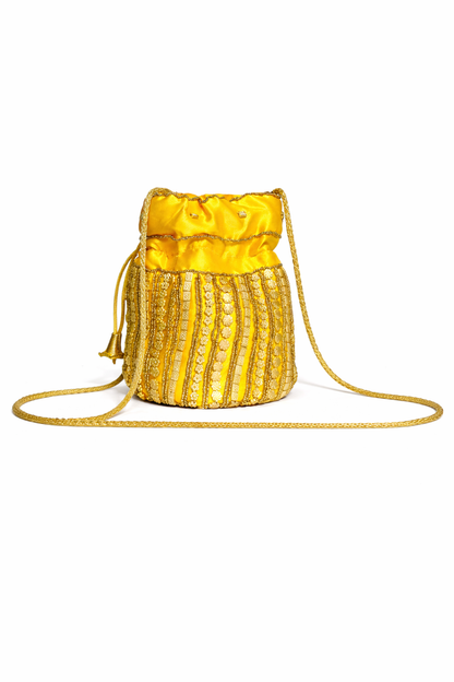 yellow embroidered potli bag