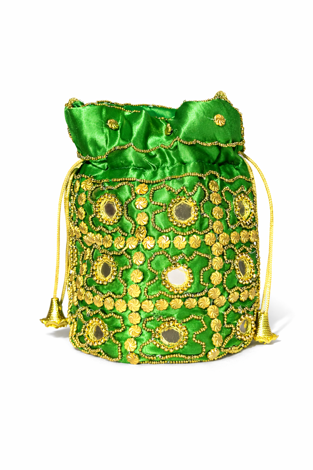 green embroidered potli bag