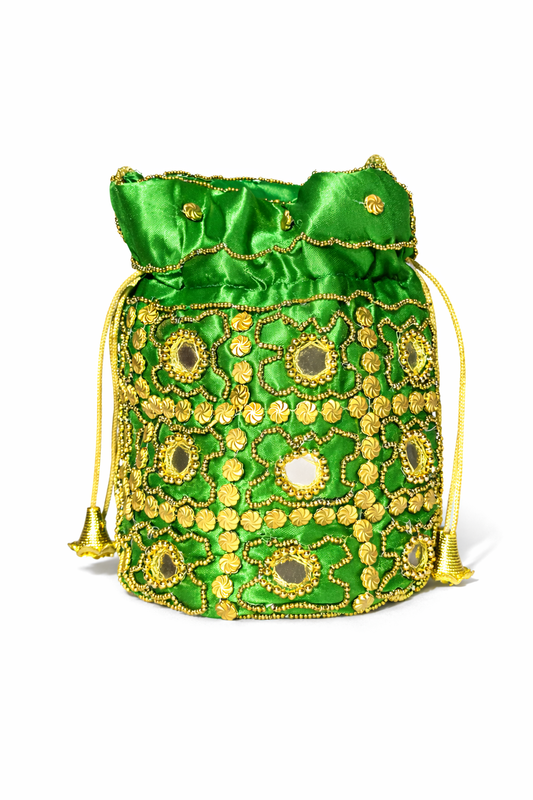 green embroidered potli bag