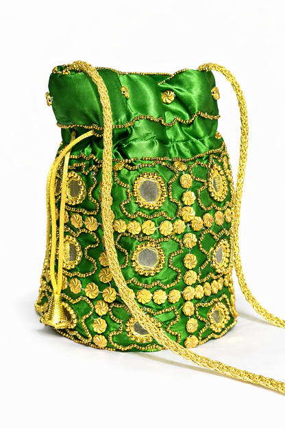 green embroidered potli bag