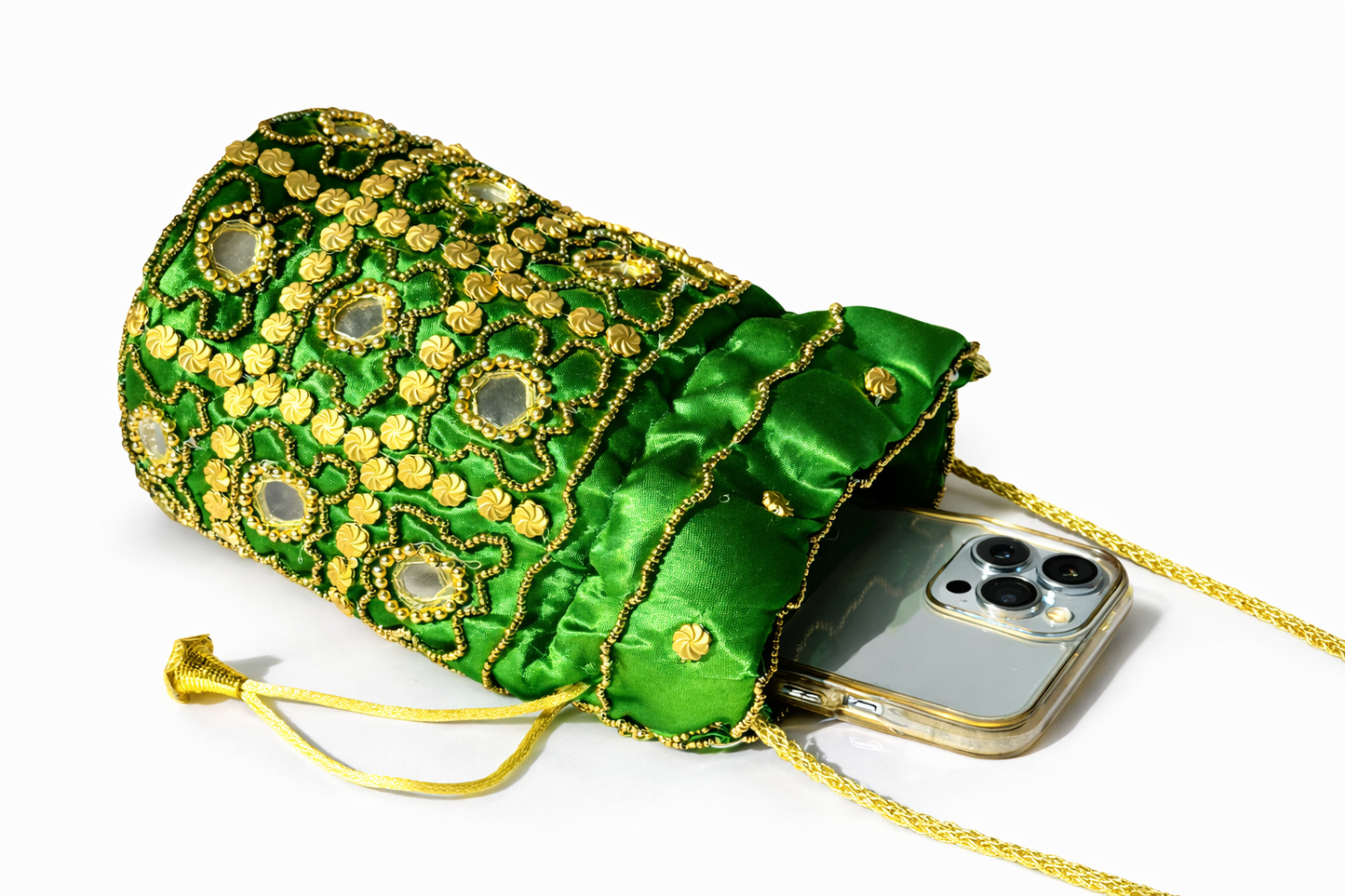 green embroidered potli bag