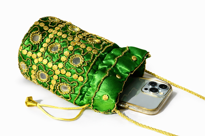 green embroidered potli bag