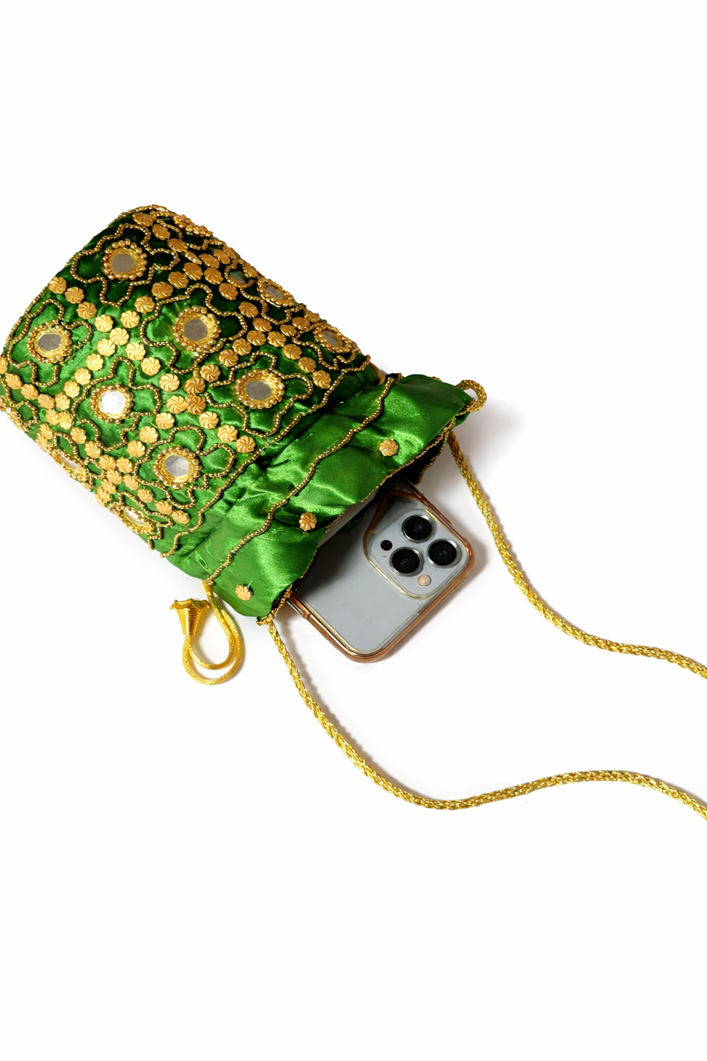 green embroidered potli bag