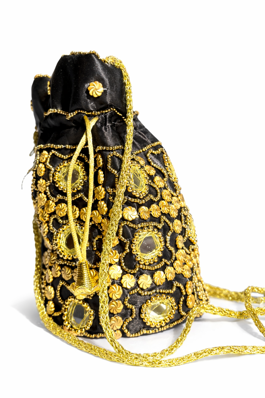black embroidered potli bag