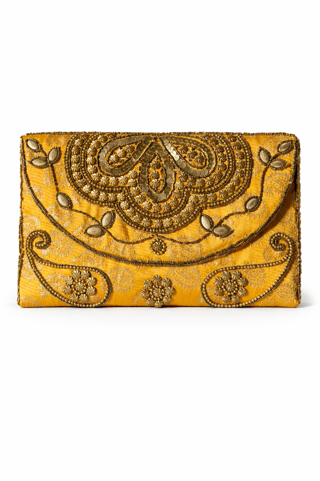 yellow embroidered indian large clutch