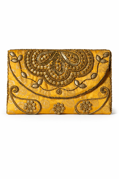 yellow embroidered indian large clutch