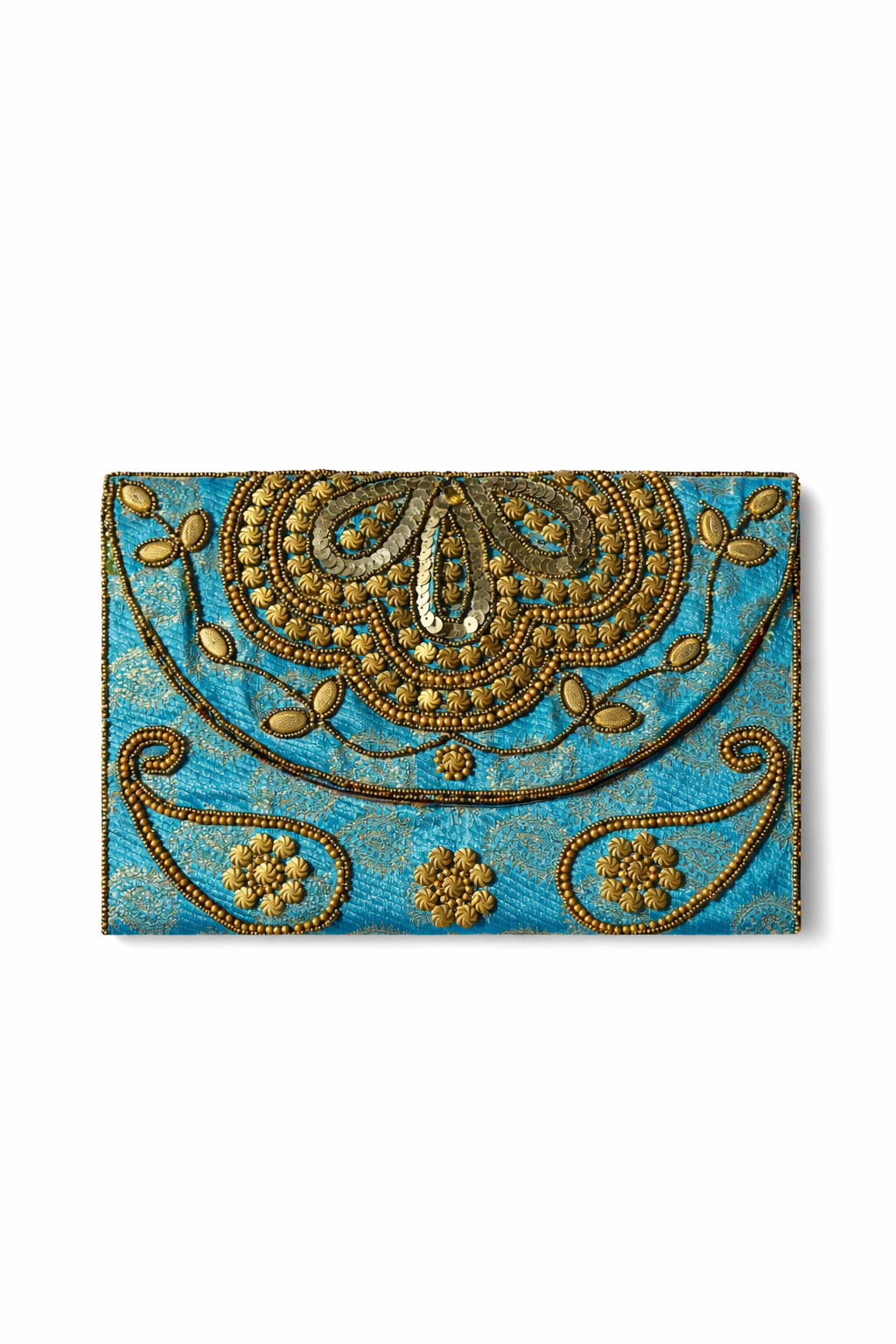 turquoise embroidered indian large clutch