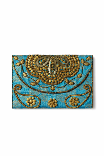 turquoise embroidered indian large clutch