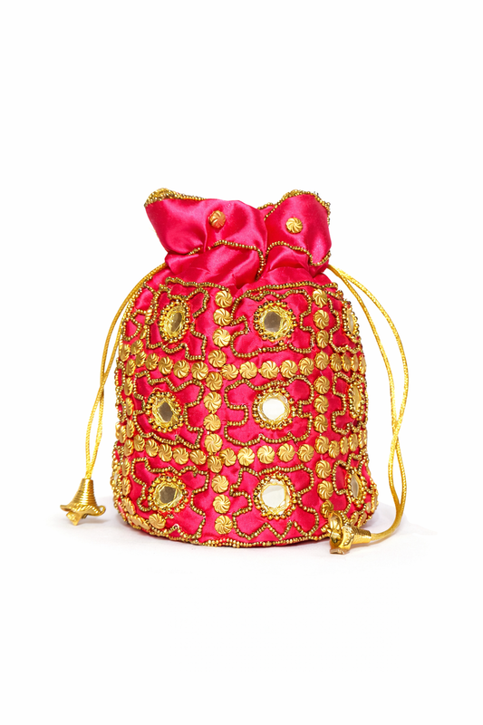 pink embroidered potli bag
