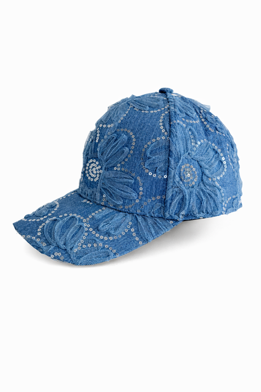 floral seqin denim cap - blue