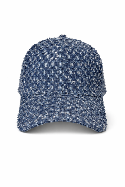 shimmering shredded denim cap - dark blue