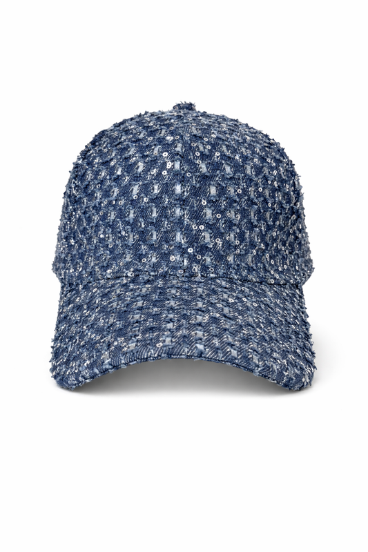 shimmering shredded denim cap - dark blue