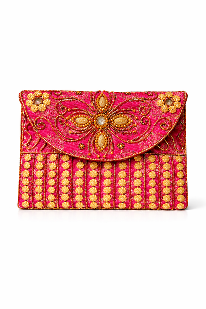 fuchsia embroidered indian mini clutch