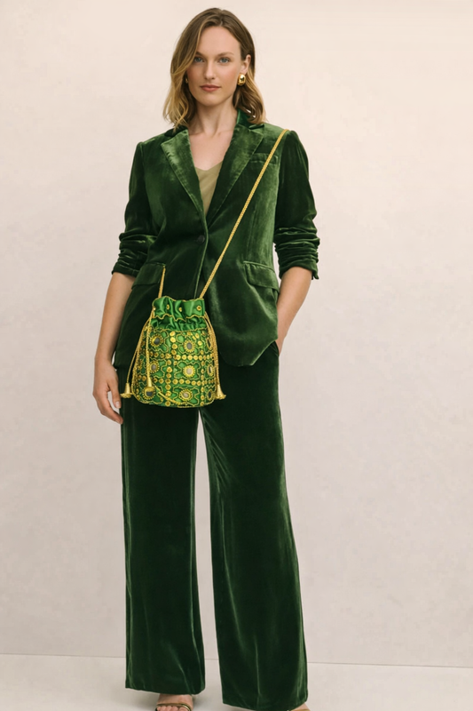 green embroidered potli bag