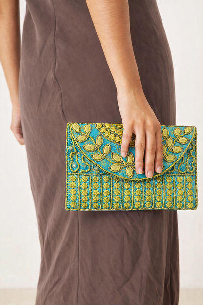 turquoise embroidered indian mini clutch