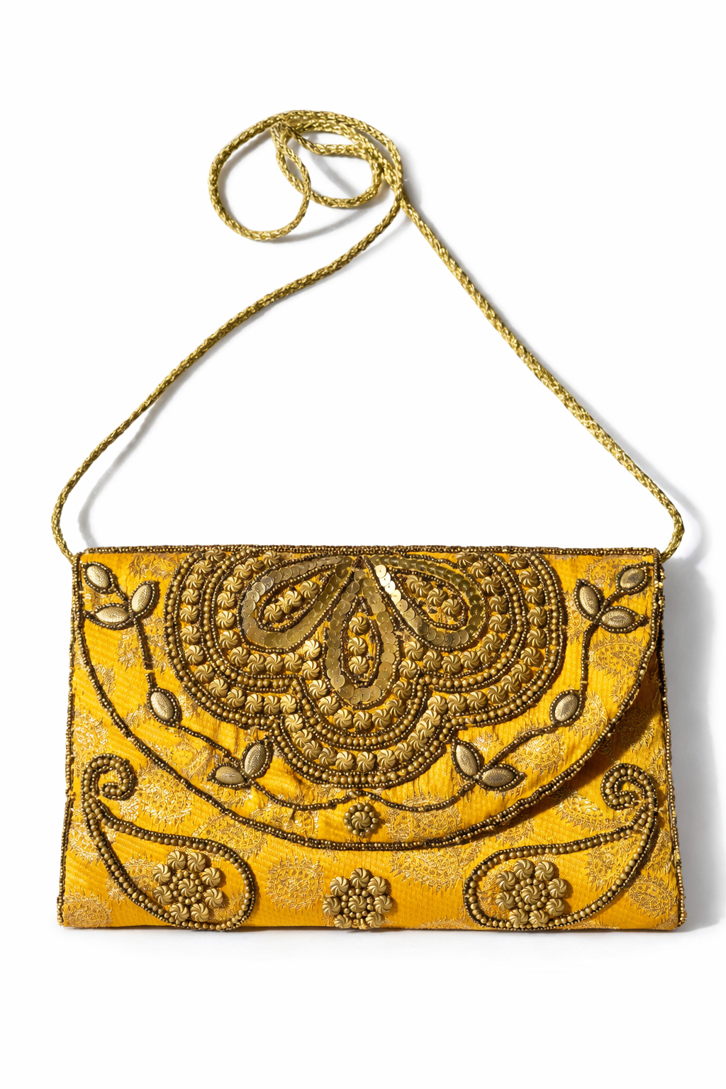 yellow embroidered indian large clutch