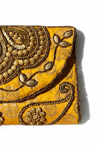 yellow embroidered indian large clutch