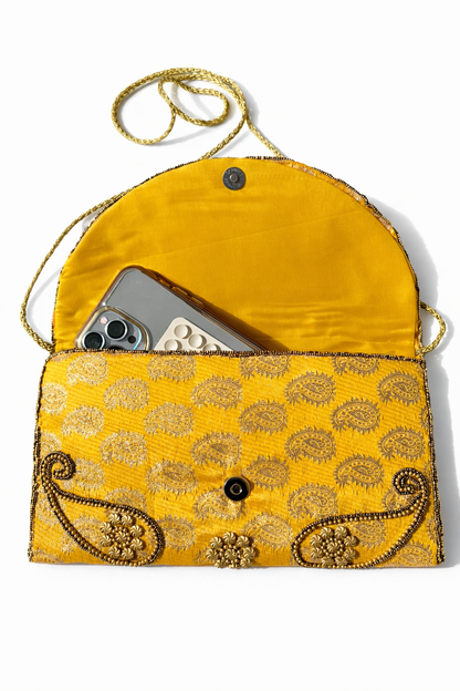 yellow embroidered indian large clutch