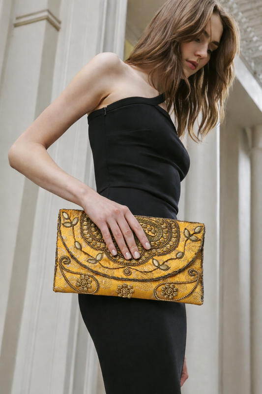 yellow embroidered indian large clutch