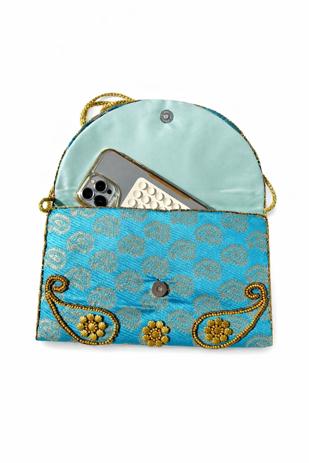 turquoise embroidered indian large clutch