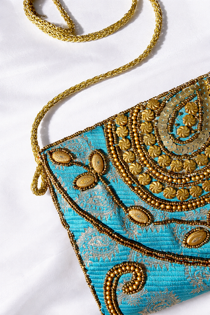 turquoise embroidered indian large clutch