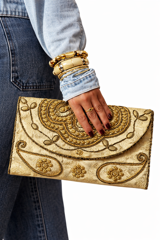 gold embroidered indian large clutch