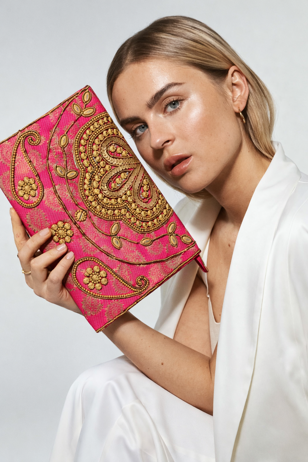 fuchsia embroidered indian large clutch