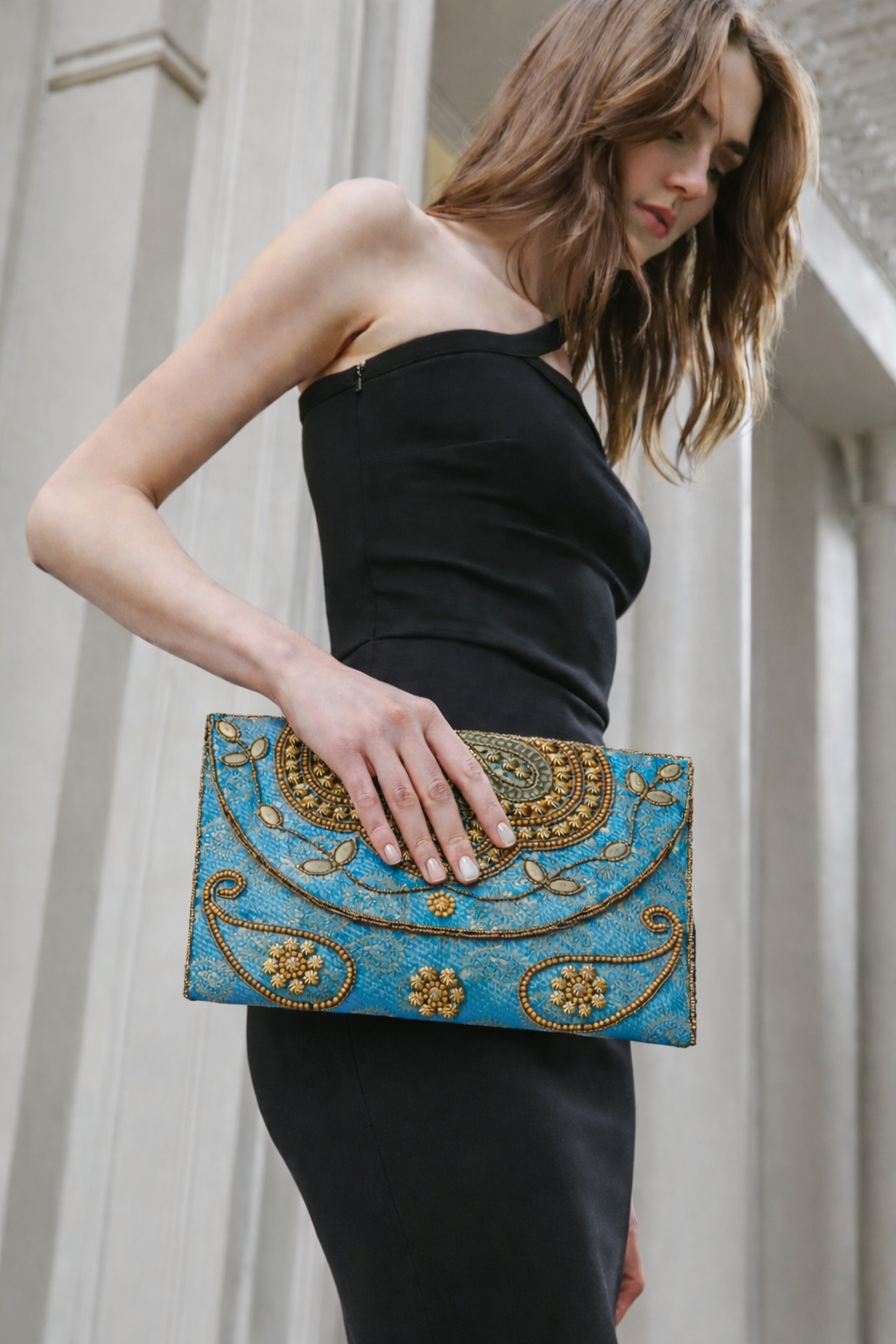 turquoise embroidered indian large clutch