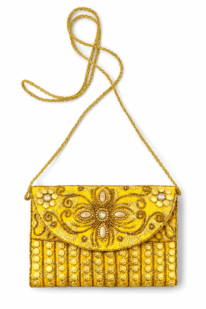 yellow embroidered indian mini clutch