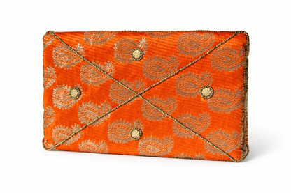 orange embroidered indian mini clutch