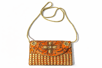 orange embroidered indian mini clutch